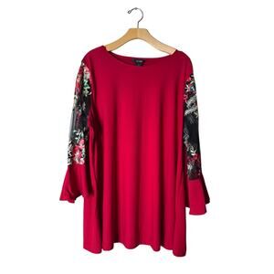 Ali Miles Plus 1X Red Jersey Floral Embroidered Sheer Bell Sleeve Blouse